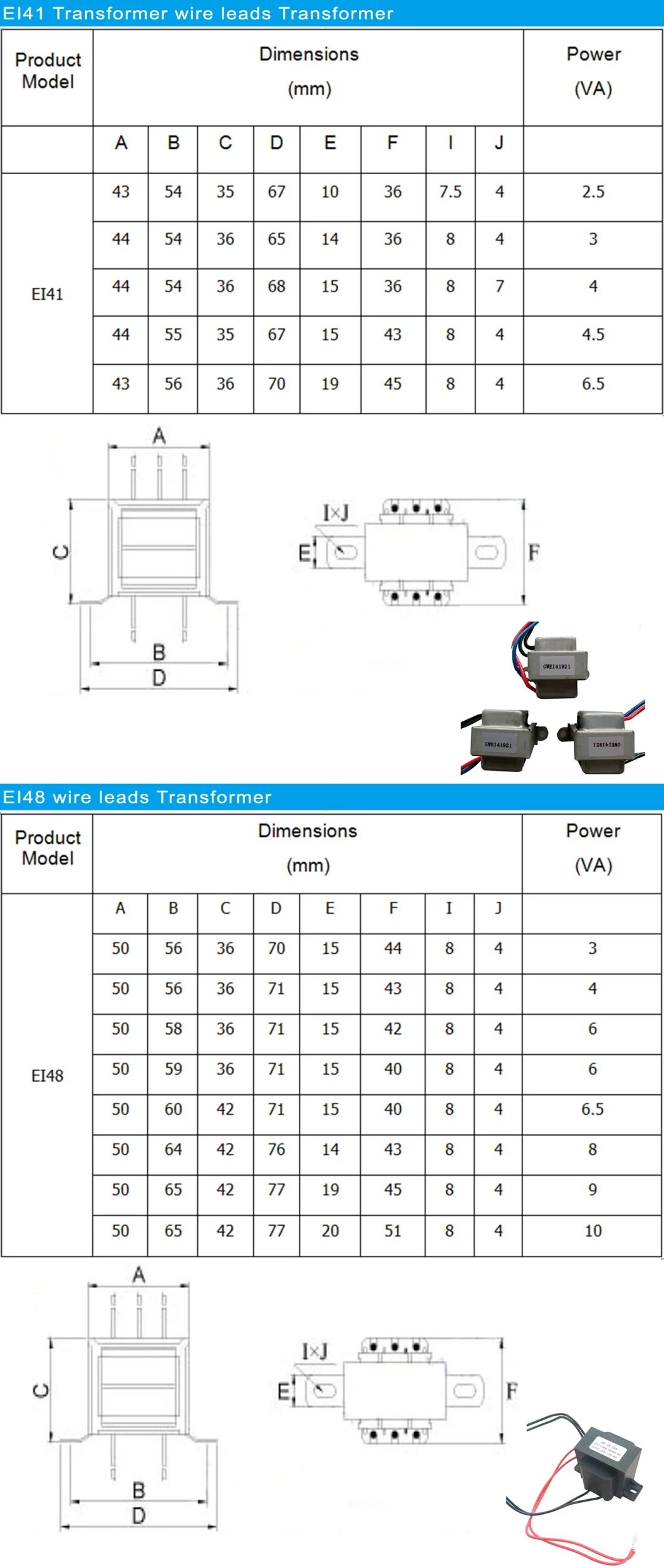 220V 24V 1.5va 8va Low Frequency Lead Type Ei Transformer