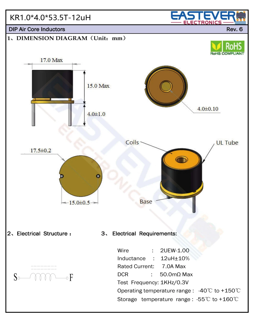 SMD Flat Top Air Core Inductors Kr1.0*4.0*53.5t-12uh Eastever Electronic Inductor Supplier Factory China